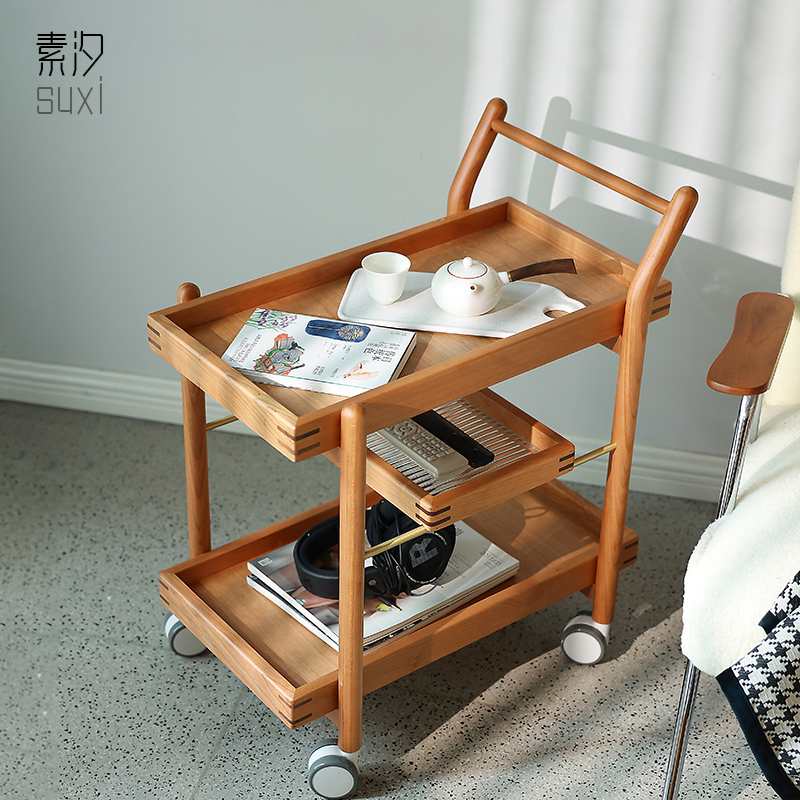 Nordic solid wood furniture mobile trolley couch side small family living room tea few light luxury luxury wheel collection dining truck