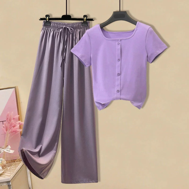 Bộ đồ màu tím nữ 2020 mùa hè ngắn tay áo thun nữ cao eo băng lụa mặt dây giản dị quần ống rộng hai mảnh thủy triều - Bộ đồ