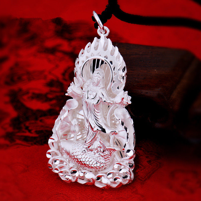 999 fine silver Avalokitesvara necklace pendant sterling silver Buddha statue pendant Flame stepping fish Avalokitesvara male baby safety