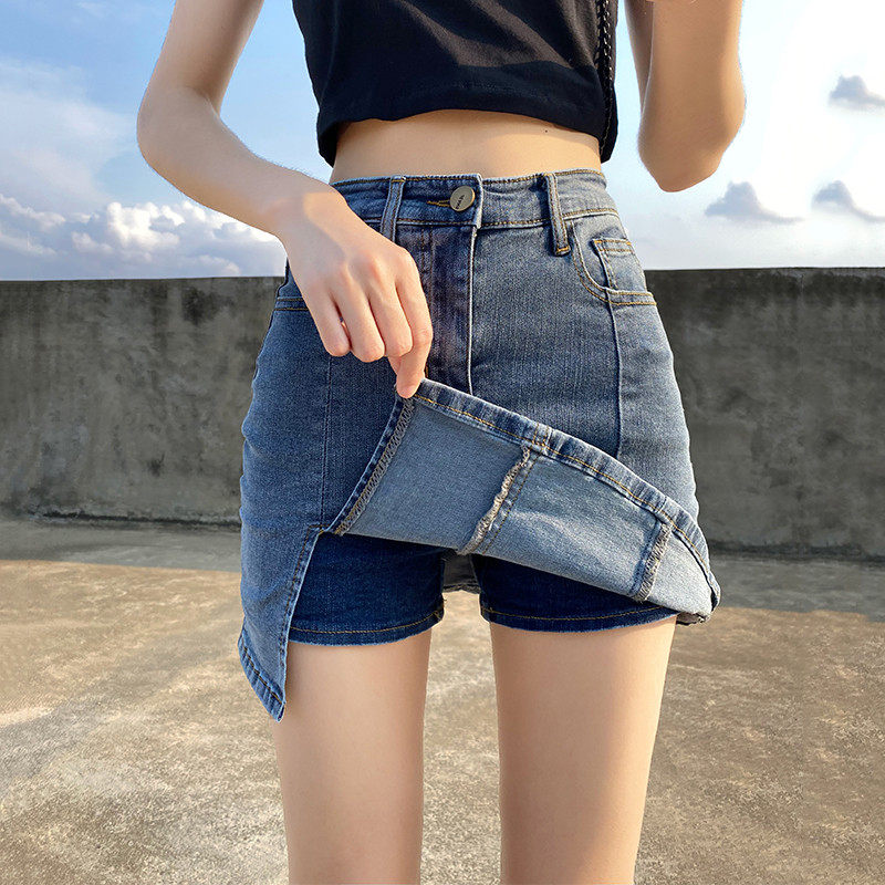South Korea East gate 2020 Summer new thin section High waist side open fork bag Hip Jeans Short Skirt Pants A half body dress