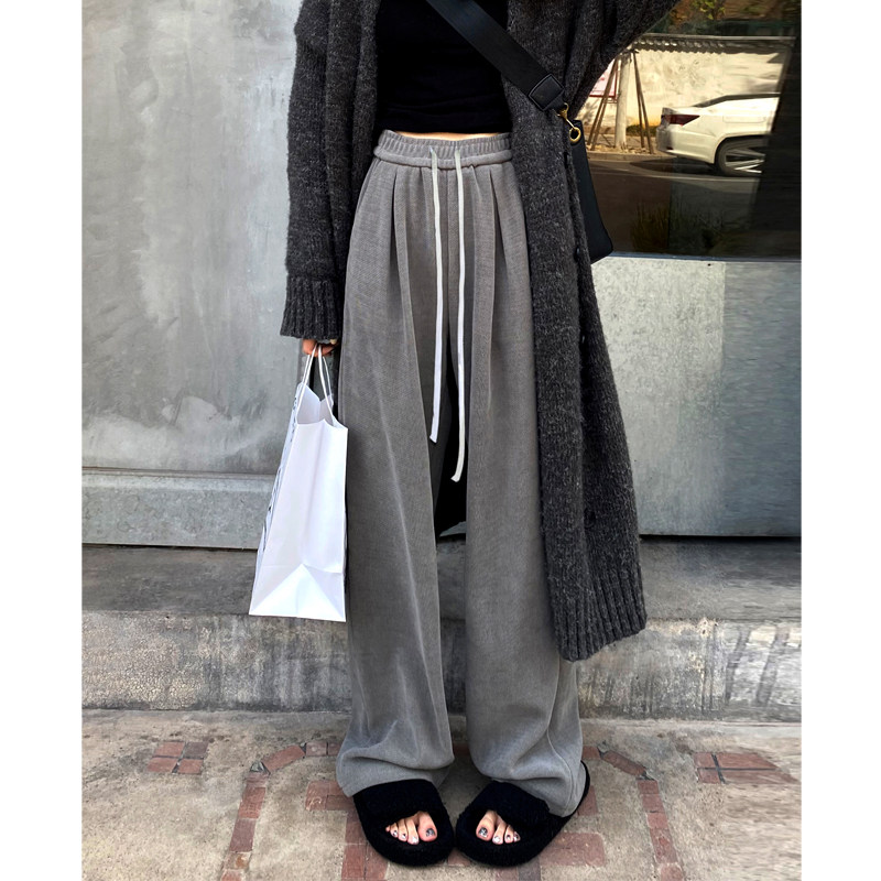 Grey Broadlegged Pants Children Spring Autumn Winter Plus Suede High Waist Wide Pine Pituality Casual Sports Straight Drum Light Core Suede Pants-Taobao