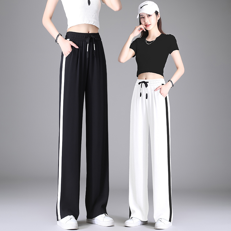 White Sports Wide-Leg Pants for Women, Summer Thin Style 2026 New High-Waisted Drapey Side Stripe Straight-Leg Ice Silk Casual Pants White Sports Wide-Leg Pants for Women, Summer Thin Style 2026 New High-Waisted Drapey Side Stripe Straight-Leg Ice Silk Casual Pants