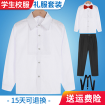Child host white shirt boy spring and autumn thin suit children performing dress strap pants large child flower child