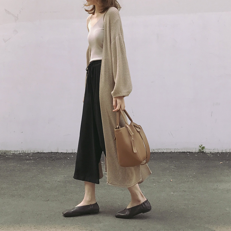 Summer New Korean Style Ice Silk Lightweight Long Cardigan Solid Color Lazy Style Split Lantern Sleeve Knitwear Sun Protection Clothing for Women