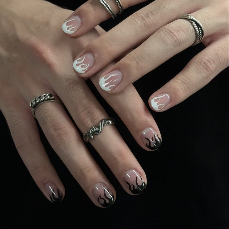 Cool Black and White Flame Ab Style Unisex Niche Personality Gender-Neutral Handmade Wearable Nail Art Stickers for Daily Use