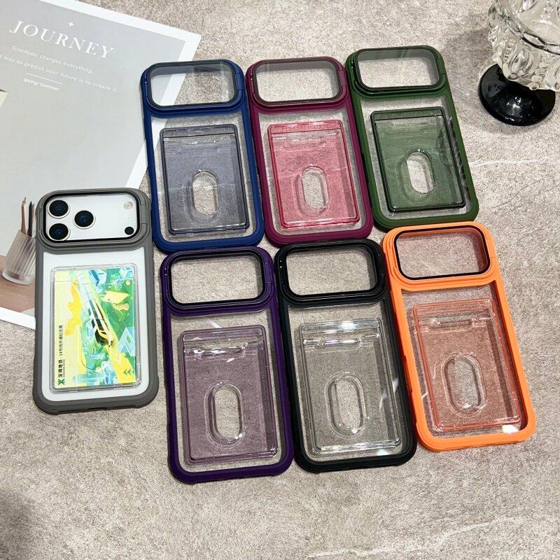 New Transparent Card Slot Case Suitable for Apple 17 Pro Max Phone Case, iPhone 16 Pro Anti-Drop, 15 Card Holder Integrated, 14 Card Slot Type, 13 with Frame Stand, 12 for Id Card, 11 Card Slot Protective Case