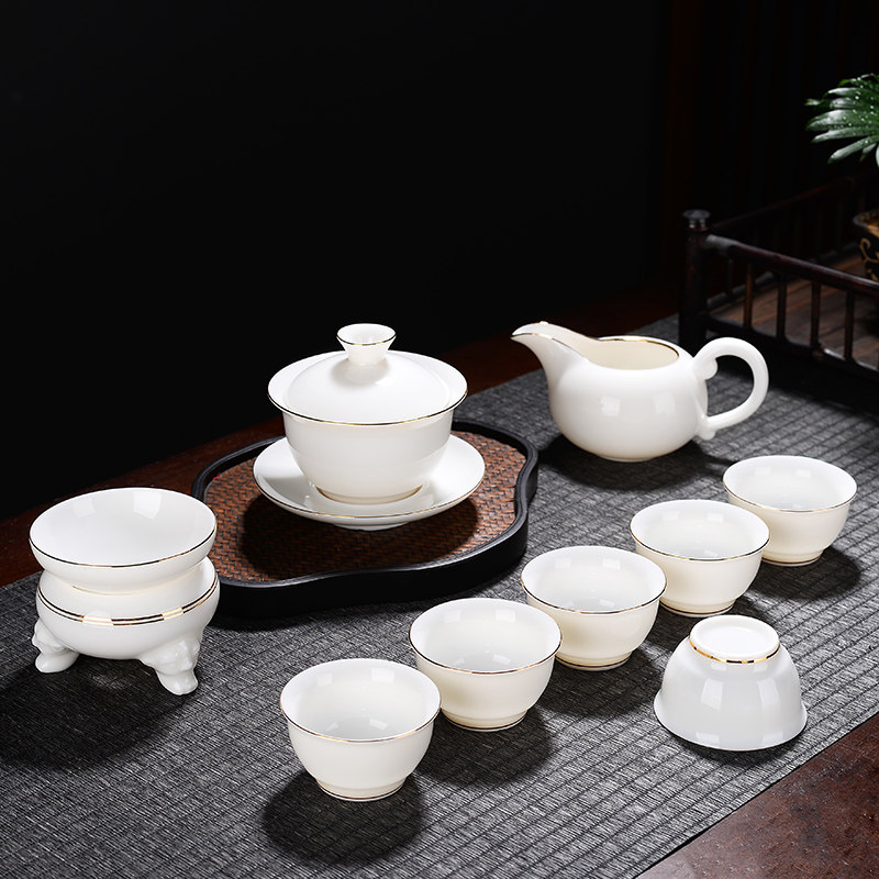 Dehua white porcelain sheep fat jade high-grade Kung Fu tea teacup set Home office living room simple tea maker
