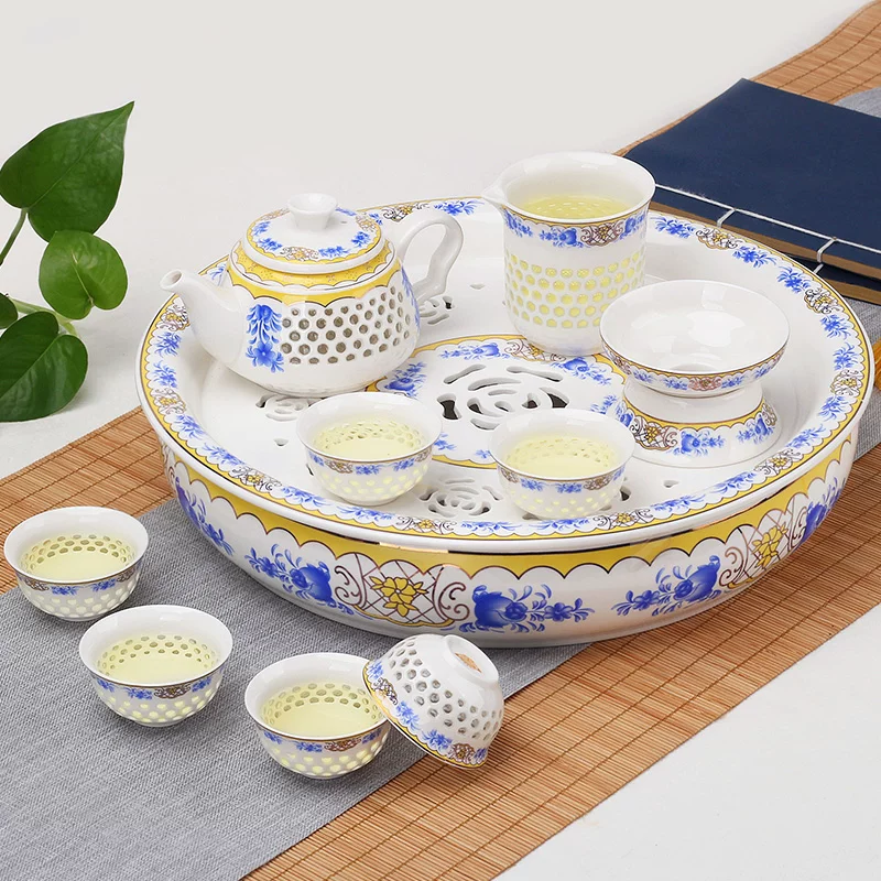 Double-layer Japanese tea set, ceramic blue and white teapot, tea cup, anti-scald