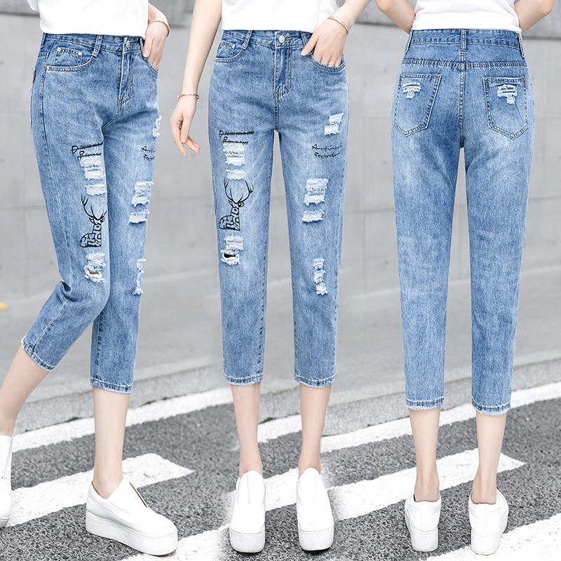  2021 summer new perforated thin section jeans children ins new seven-point eight-point small feet harlan pants 8