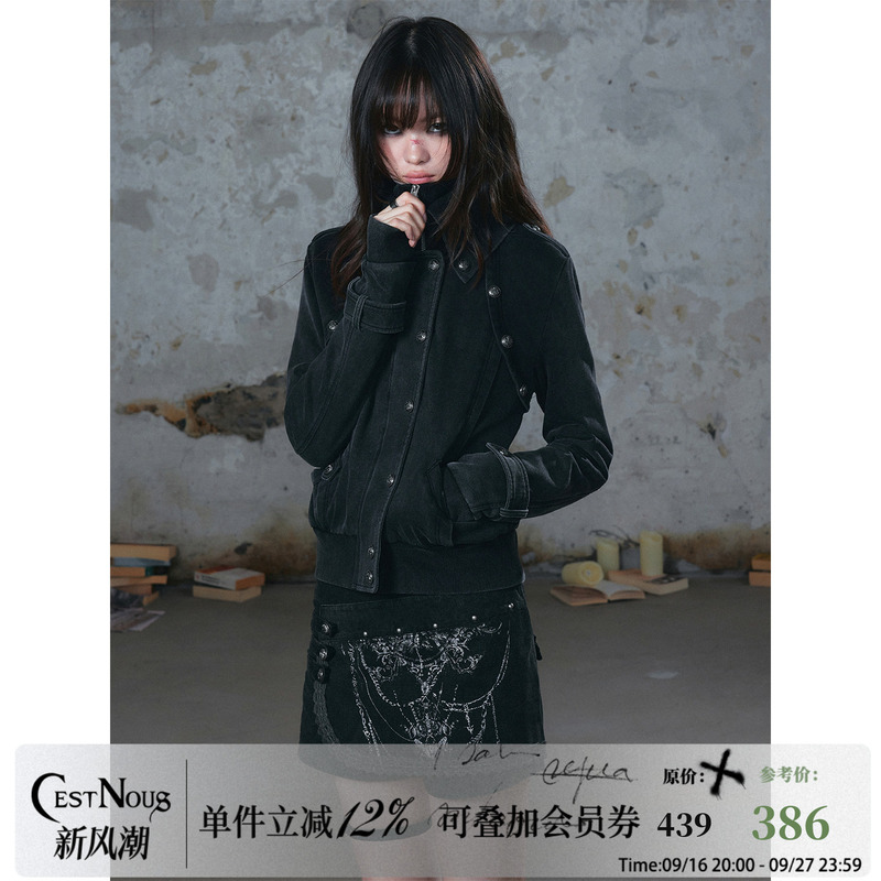 Cestnous Double-Collar Split Hem Washed Distressed Wasteland Knit Short Sweatshirt Jacket Autumn