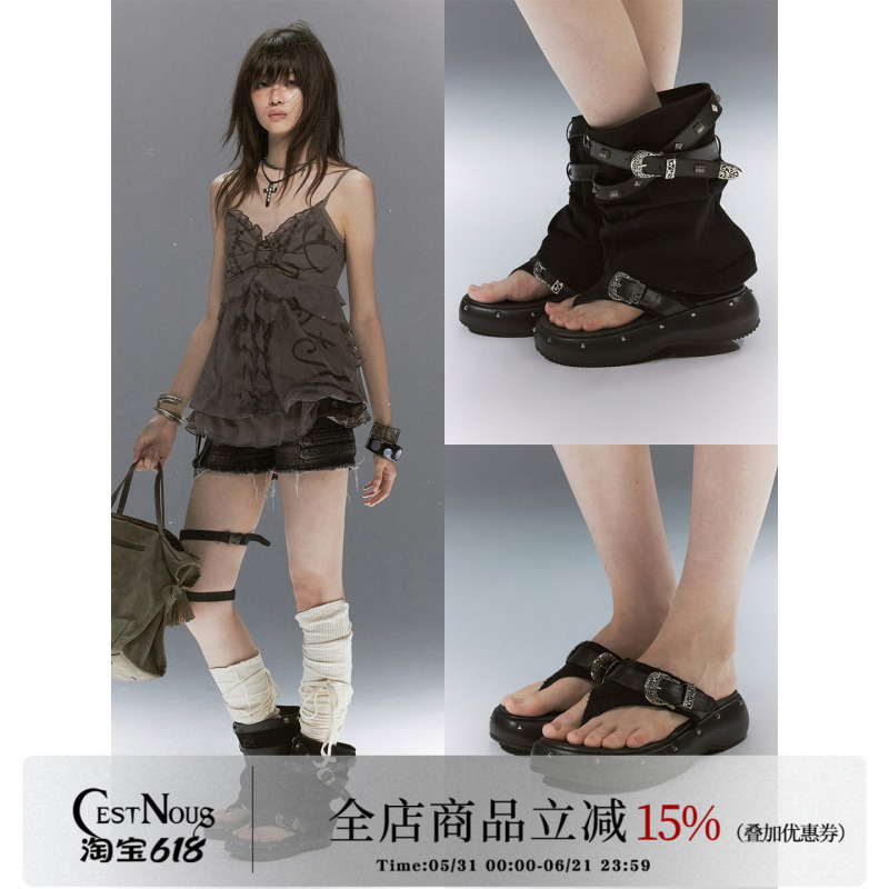 Cestnous Decadent Punk Double-Strap Detachable Two-Way Rivet Thick-Soled Slippers for Women Versatile Summer Sandals