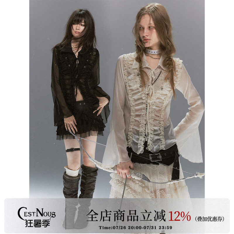 Cestnous Palace-Style Sheer Textured Chiffon Women's Shirt with Lace Patchwork and Ruching, Sun-Protective Cover-Up Cestnous Palace-Style Sheer Textured Chiffon Women's Shirt with Lace Patchwork and Ruching, Sun-Protective Cover-Up