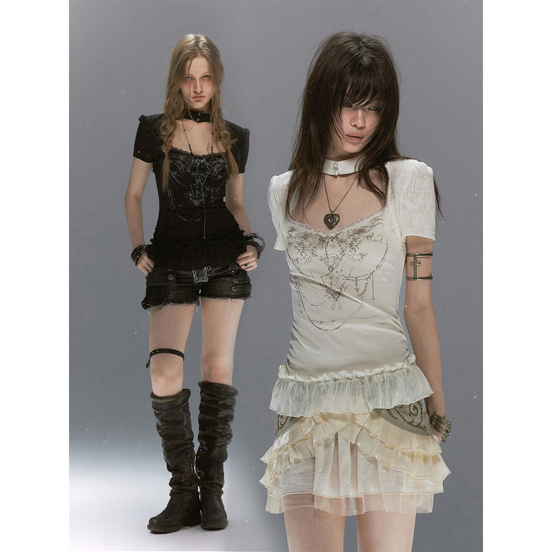 Cestnous “Butterfly Bone Witch” Light Gothic Choker Textured Lace Ruffled Vest Layered Short Sleeves