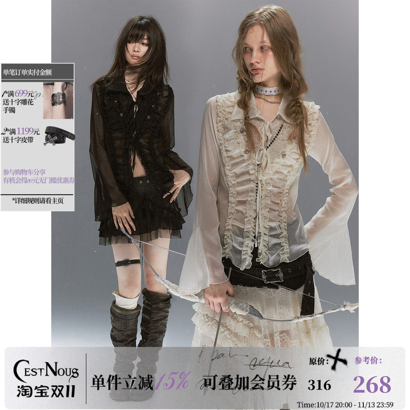 Cestnous Palace-Style Sheer Textured Chiffon Women's Shirt with Lace Patchwork and Ruching, Sun-Protective Cover-Up Cestnous Palace-Style Sheer Textured Chiffon Women's Shirt with Lace Patchwork and Ruching, Sun-Protective Cover-Up