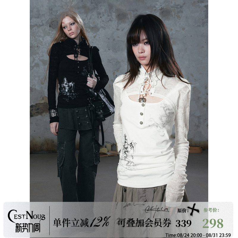 Cestnous Dark Palace Style Tie-Neck High-Neck Silver-Printed Faux Two-Piece Camisole Long-Sleeve Slim-Fit Top for Autumn