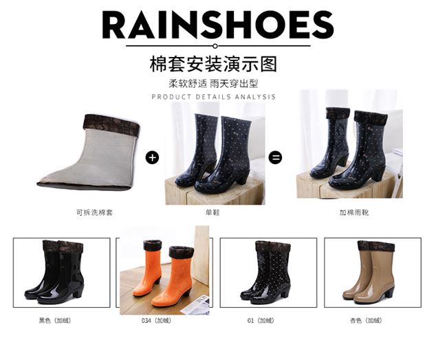 Giày đi mưa cao gót, thời trang nữ, giày đi mưa nữ, giày chống nước ống giữa hàn quốc, giày nữ đế xuồng chống trượt, giày cao su, ủng cotton - Rainshoes