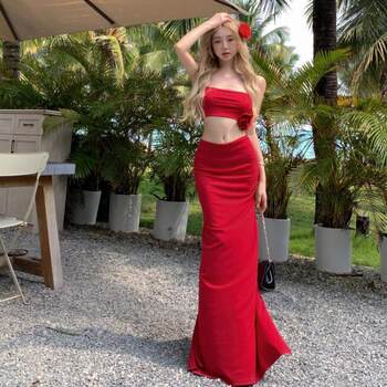 Beach Travel Outfit Set: Long Skirt, Red Short Crop Top, Spaghetti Strap Tank Top, Fishtail Dress Two-Piece Set