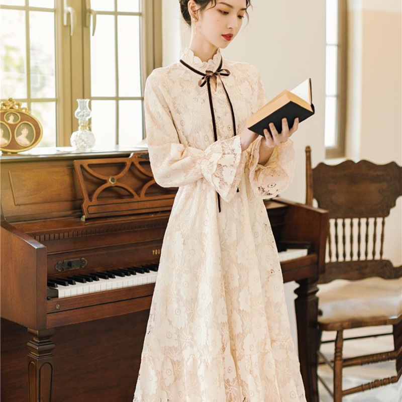 Huaxieli French lace dress women autumn retro gentle temperament waist slim small age reduction bottom skirt