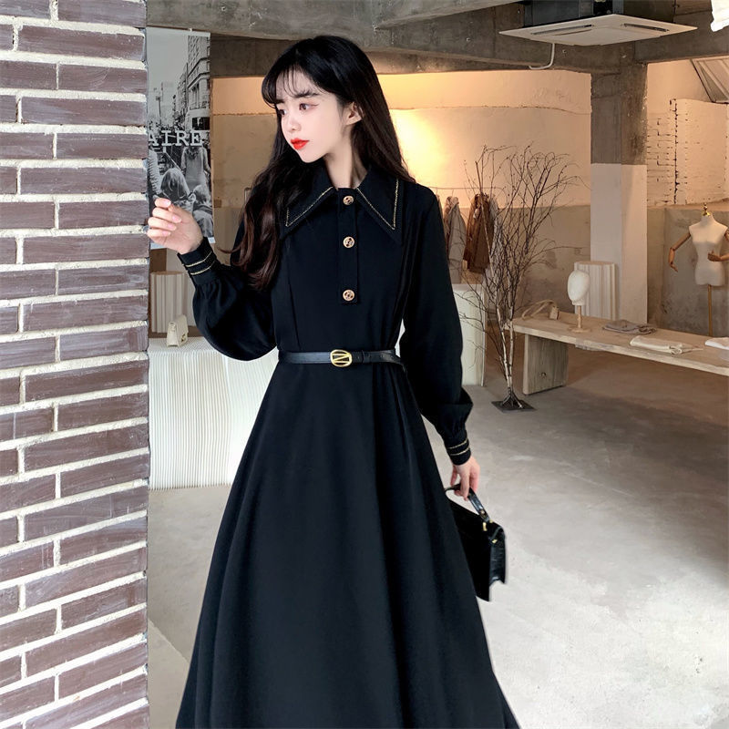 Huaxie Li retro black Hepburn wind loose waist temperament slim dress 2021 autumn new French A