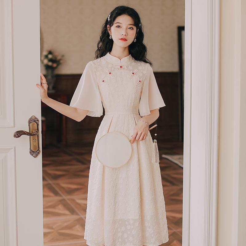 Chiffon jacquard material 2021 new fairy air Super Xiansen line with French retro summer improved Chinese style dress