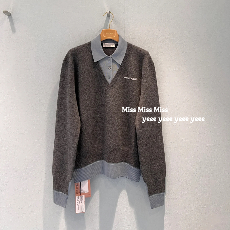 Miss～In Stock 25 Early Autumn New Models Miu Series Polo Fake Two-Piece Color-Blocked Embroidered Knitwear Sweater Unisex