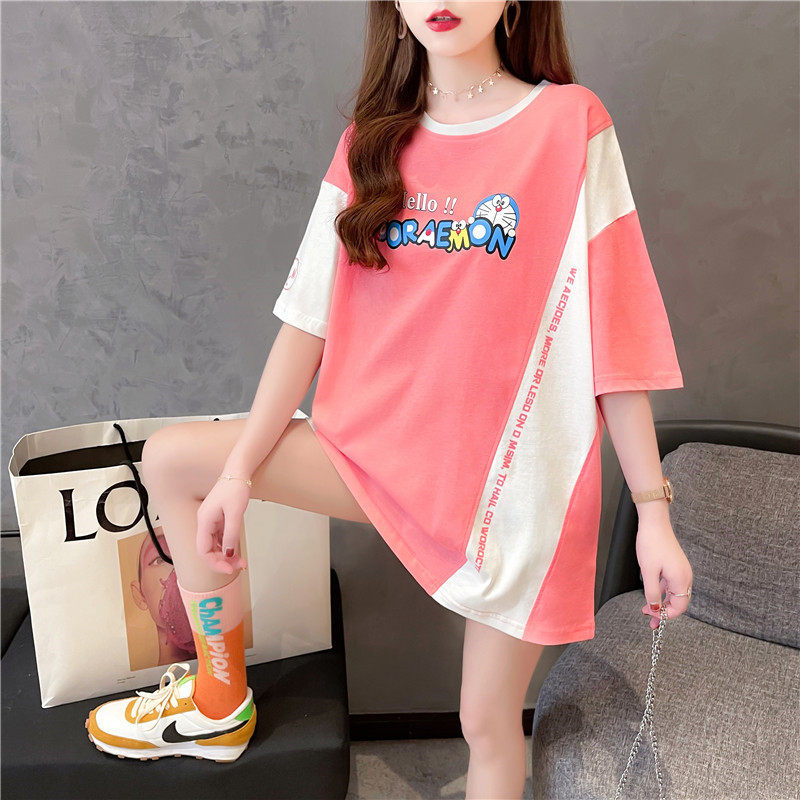 Pregnant woman Xia installed pure cotton short sleeves in long version large size T-shirt female Han version printed splicing bump color loose outside blouse