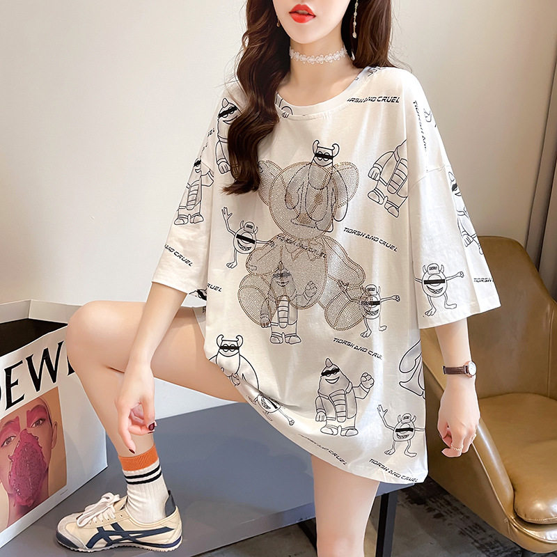 Pregnant Woman Summer Clothing T-shirt Woman 2021 New Hot Drill Small Bear Large Size Mid-Length Version Blouse Round Collar Loose Short Sleeve Tide