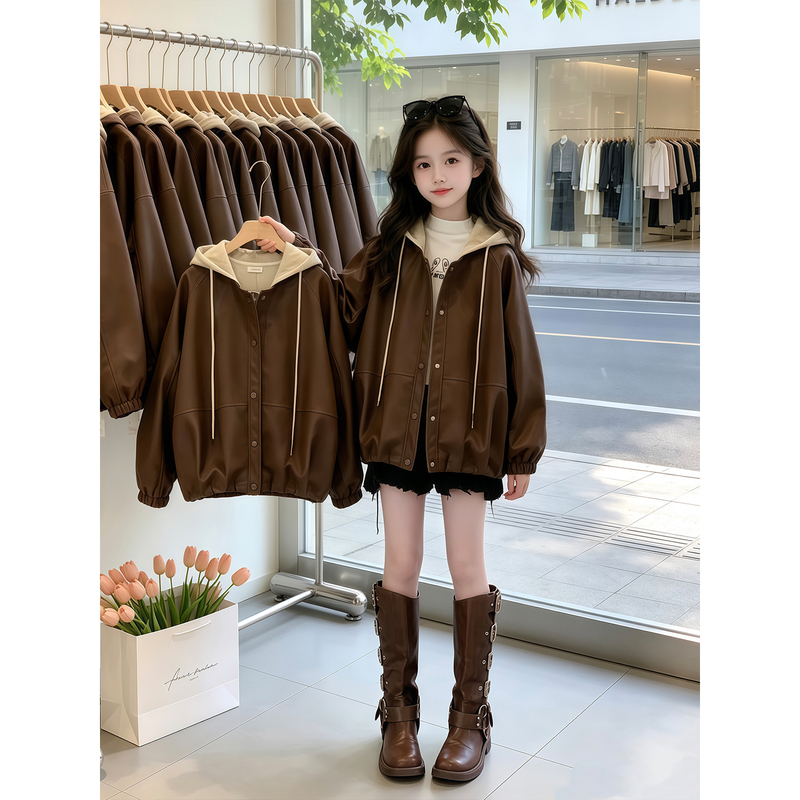 Girls' Leather Jacket, Autum 2026 New Style, Stylish Hooded Top for Kids, Autum Clothing for Girls, Super Nice Jacket
