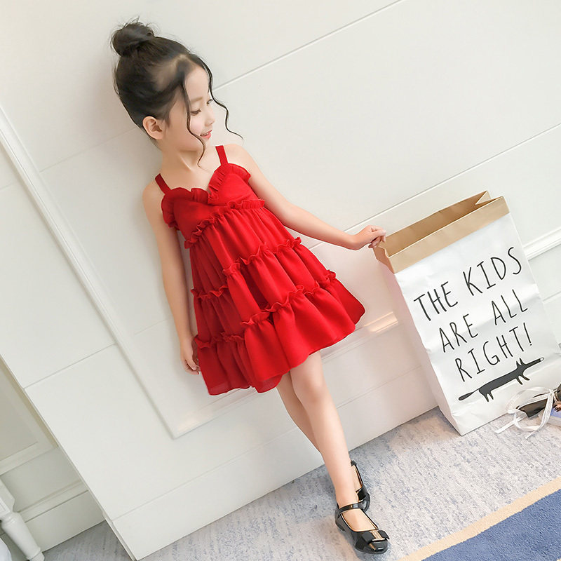 Girls Dress Summer Dress 2021 New Children Summer Sling Dress Girls Red Beach Princess Skirt