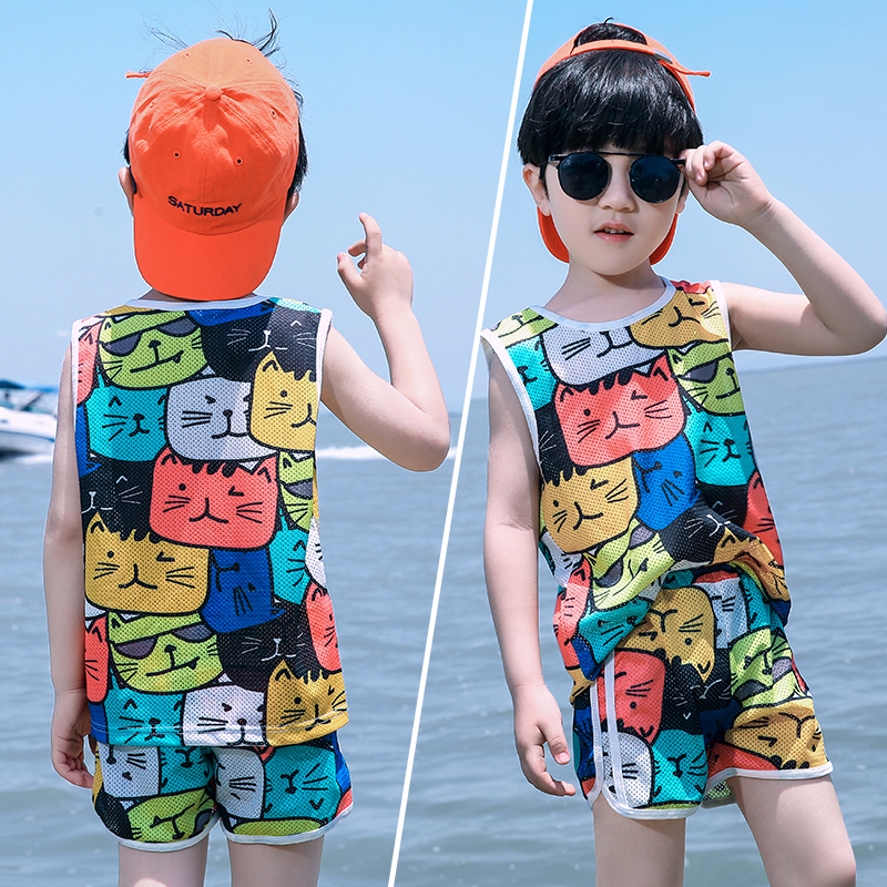 Chàng trai vest không tay phù hợp với lưới mùa hè quần short nhanh khô siêu mỏng thở trẻ em rỗng của mỏng Hàn Quốc phiên bản của cậu bé.