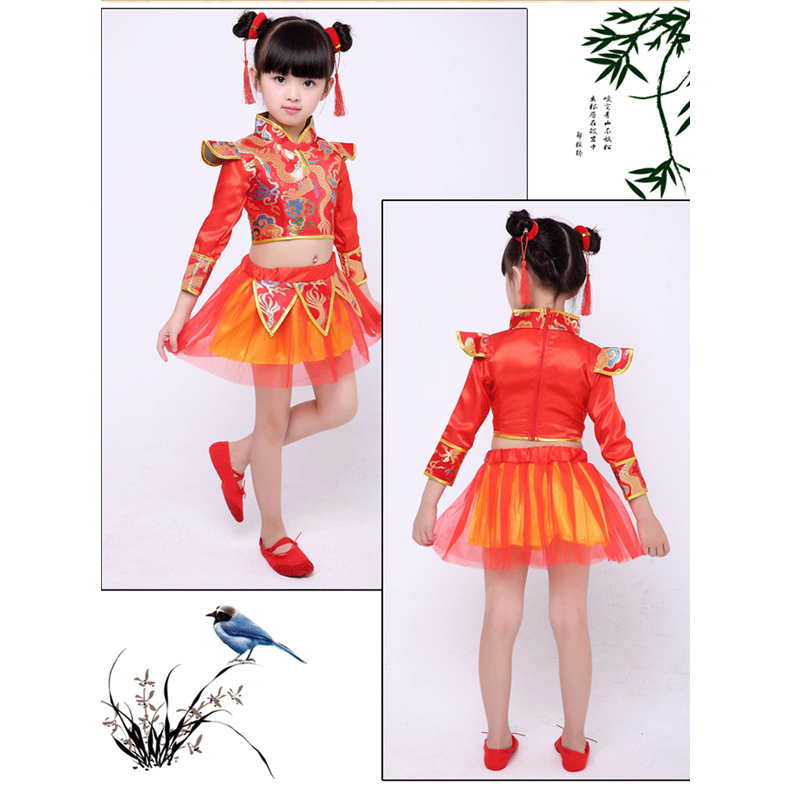 Trẻ em của lễ hội trang phục hát trẻ nhỏ võ biểu diễn nghệ thuật trống quần áo chơi ăn mặc Trung Quốc gió mở đỏ biểu diễn múa váy cô gái.