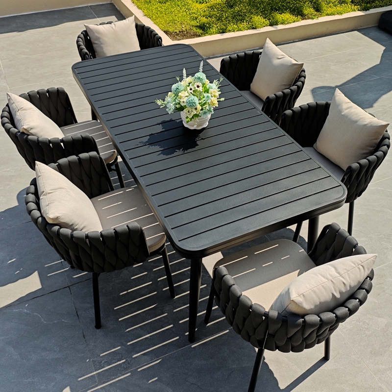 Nordic Outdoor Tables and Chairs Set Made of All-Aluminum Alloy for Courtyard and Balcony, Leisure Table and Chair Combination with Sun-Protection Rope Weaving Nordic Outdoor Tables and Chairs Set Made of All-Aluminum Alloy for Courtyard and Balcony, Leisure Table and Chair Combination with Sun-Protection Rope Weaving