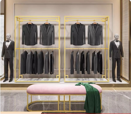 Wedding Dress Rack, High-End Floor-Standing Men's Clothing Display Rack, Double-Layer Suit Hanger, Gold Clothing Display Stand
