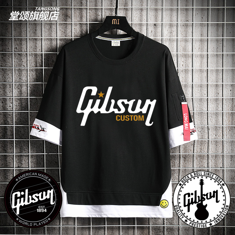 American Gibson Guitar Streamer T-Shirt Big g Rock Band Music Enthusiasts Men and Women Pure Cotton Short Sleeves