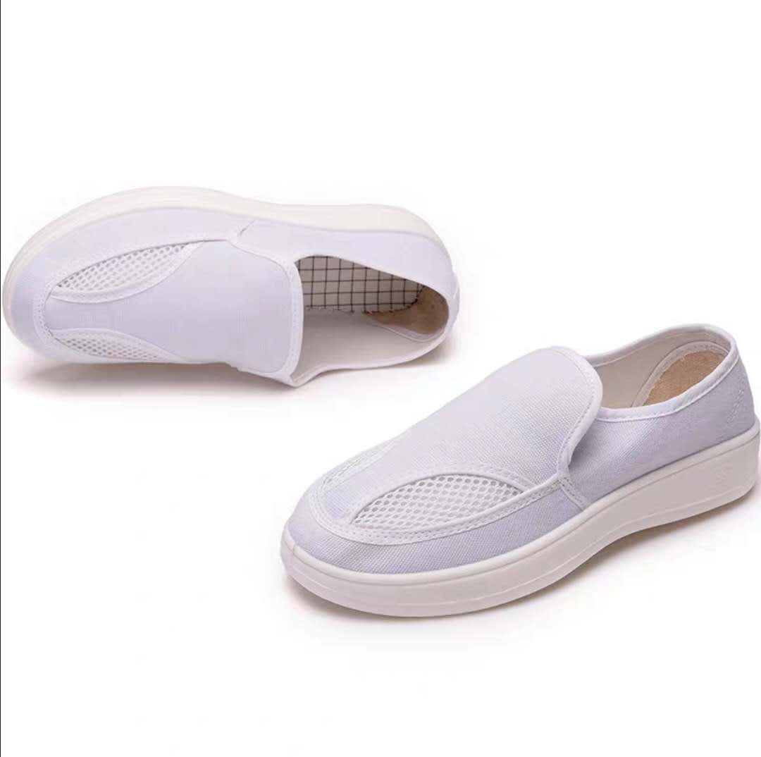 Anti - static white canvas double hole mesh shoes PVC sole PU underneath PU substrate color and size can be customized