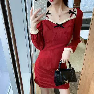 French small fragrant wind base with red knitted dress children autumn and winter coat sweater skirt medium and long version