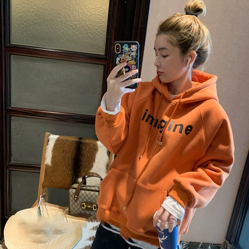 Оранжевая утепленная демисезонная сексуальная толстовка с капюшоном, коллекция 2023, в корейском стиле