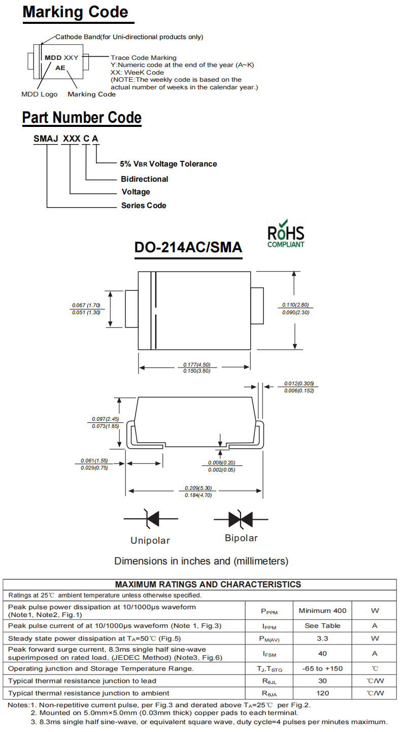 MDD Chenda SMAJ-Serie TVS-Dioden (unidirektional/bidirektional): SMAJ5.0, SMAJ6.0, SMAJ6.5, SMAJ12, SMAJ13, SMAJ15, SMAJ-A, SMA – Detail 3