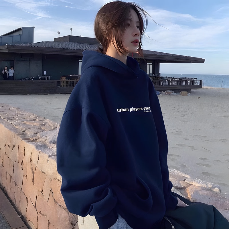 Navy Blue American-Style Hooded Sweatshirt for Women, Early Spring 2026 New Thin Jacket, Autumn and Winter Fleece-Lined Hoodie for Petite Women