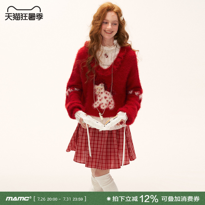 Mamc Heart Pony Doll Collar Sweater 2025 Autumn and Winter New Style Red Sweet Loose Lazy Knitwear for Women