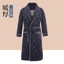  Nightgown mens winter thickened three-layer padded bathrobe medium and long warm autumn and winter coral velvet mens bathrobe home service