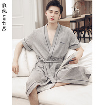  Nightgown mens summer pure cotton short-sleeved mid-length bathrobe young mens Japanese-style home service thin spring and summer morning robe