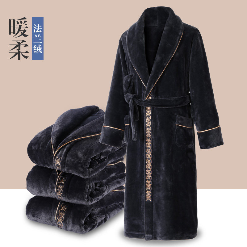 Flannel nightgown men's autumn and winter mid-length bathrobe men's fleece thickened coral fleece winter home service morning robe
