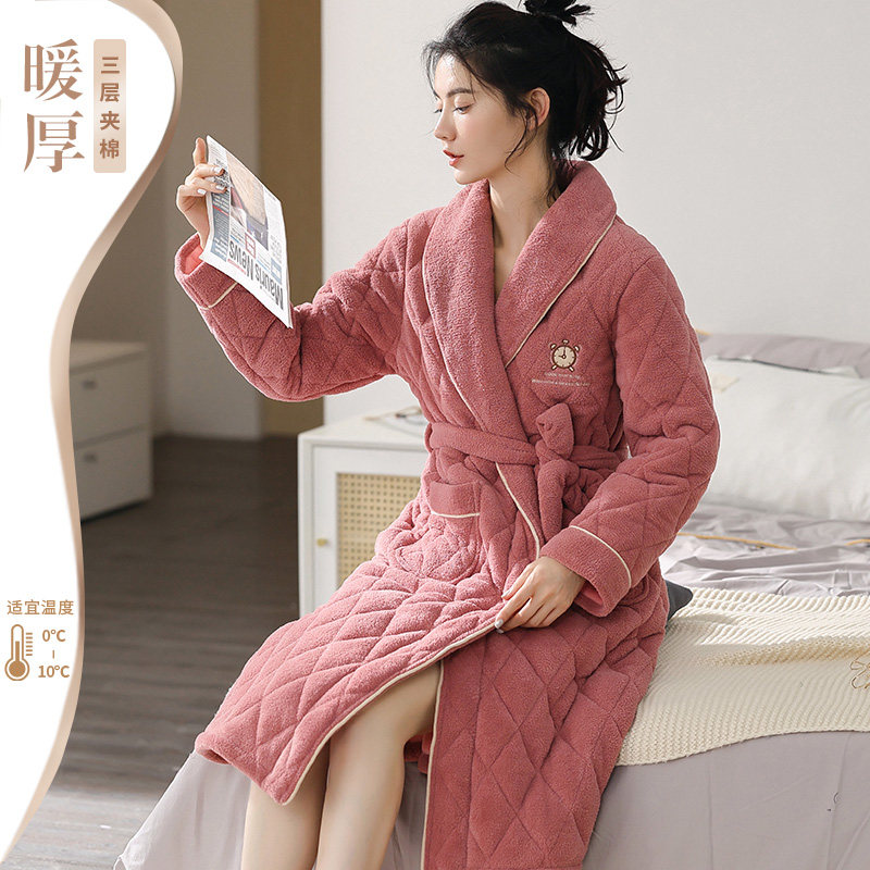 Sleeping Robe Lady Winter Triple Clip Cotton Coral Suede Plus Suede Thickening Medium Long Version Warm Bathrobe Flannel Flannel Suede