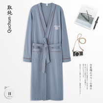 Nightgown mens spring and autumn long-sleeved cotton thin bathrobe mens pajamas mid-length youth Japanese-style large size home service