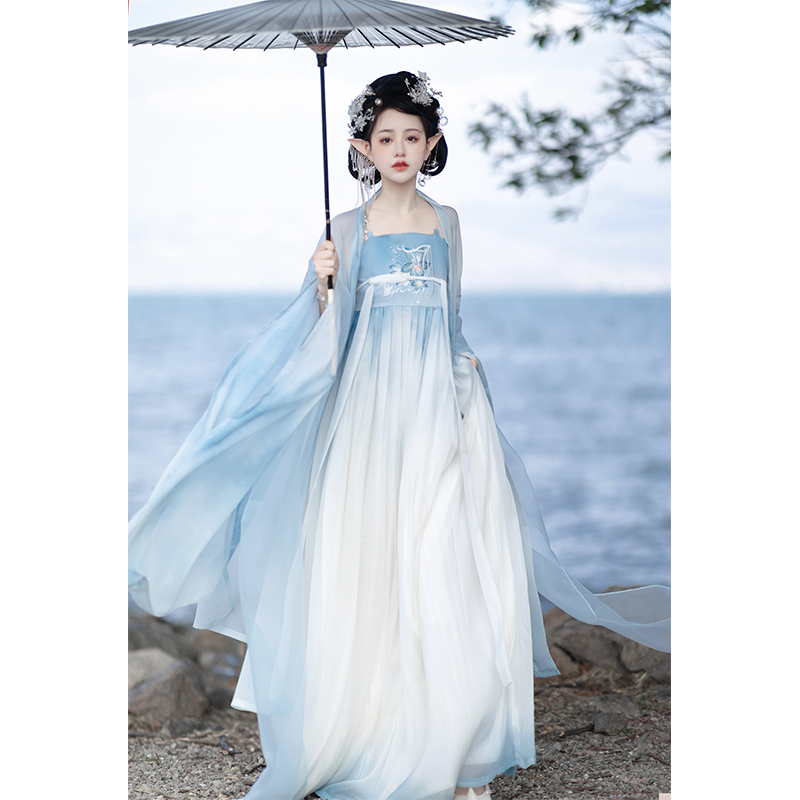 Original Hanfu for Women in Azure Color, Authentic Tang-Style Hezi Skirt with Double-Layered Embroidered Large-Sleeve Shirt, New Spring/Summer Collection