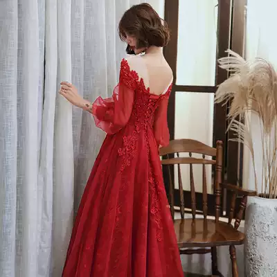 Wine red toast, bride 2020 new long version of temperament dress female evening party wedding dress can usually wear spring and summer