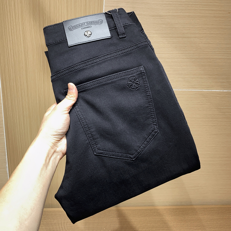 Spring and Summer Cross-Stitch Comfortable Soft High-Stretch Jeans for Men, Dark Black and Gray Thin Slim-Fit Straight-Leg Casual Pants
