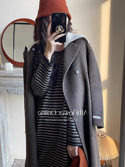 Um Wool Striped Knit Dress Early Spring Vintage Slimming Inner Layering Dress Casual Round Neck Sweater Dress Autumn and Winter