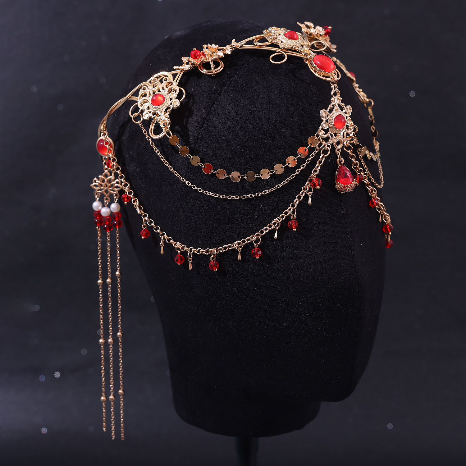 Rot Lila Tropfen Kristall Lange Kette Antike Exotische Ethnische Braut Hochzeit Kopfbedeckung Haarschmuck für Frauen Handgefertigter Haarschmuck – Detail 7